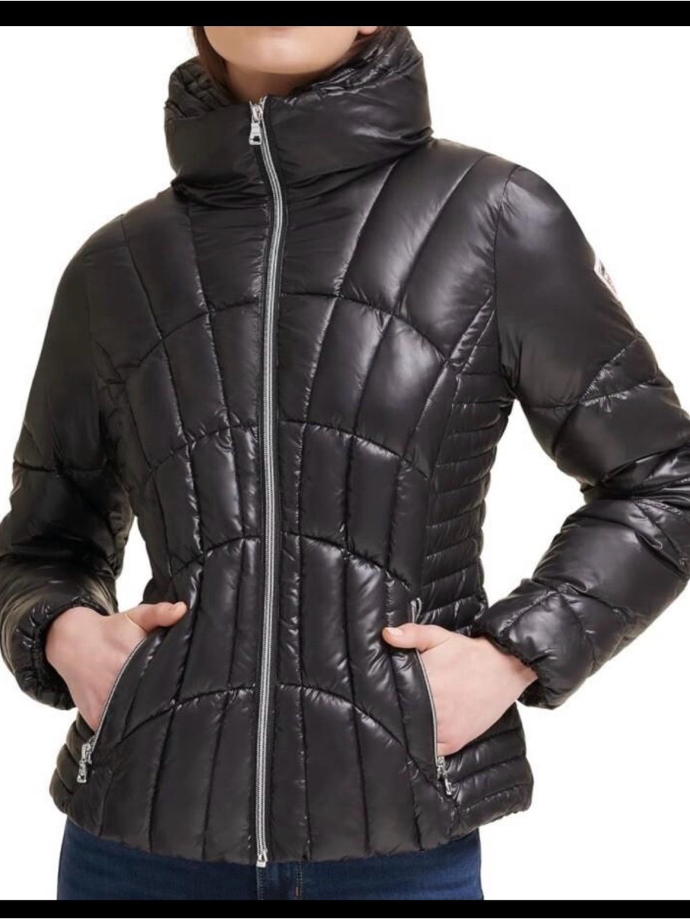 Women's Guess Quilted Puffer Jacket - Black